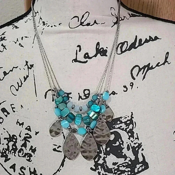 #33 set of 3 necklaces turquoise shell beads silver geometric purple - Picture 2 of 4